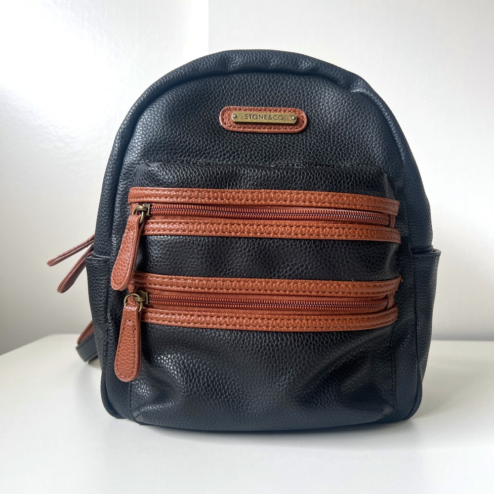 Stone & Co Black Tan Bonded Leather Mini Backpack Organizer Bag
